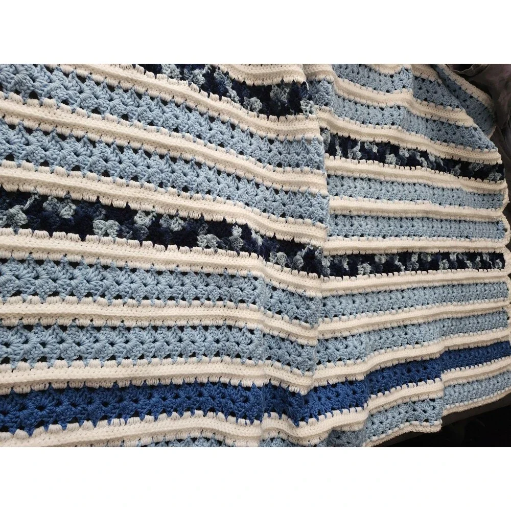 Vintage Handmade Crochet Afghan In Shades of Blue with White Edging 36x60